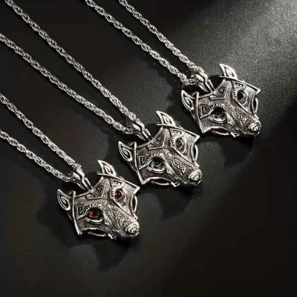 Viking Fenrir Wolf Head Stainless Steel Emerald Eye Pendant Necklace